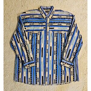 VTG Just Western Brushpopper Shirt Mens XL Button Down Southwestern Stripe Blue